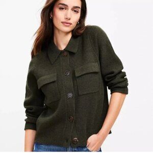 LOFT Collared Pocket Green Button-Up Knit Cardigan Sweater Jacket – Size XS